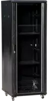 27U serverio spinta 800x1000, stiklinės priekinės durys, perforuotos plieninės galinės durys, spyna, 4 laikančiosios sijos, 4 reguliuojamos kojelės, savarankiškam surinkimui, juodas Q-LANTEC