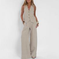 Women Cotton Linen Wide Leg Suit Set with Sleeveless Vest and High Waist Pants Light Breathable Two Piece Matching Outfit for Summer Spring S smėlis