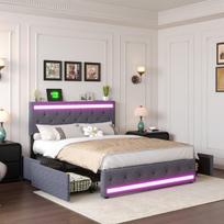 Minkšta lova 140x200 su LED ir USB lizdais, dvigulė lova su 4 stalčiais, lova su daiktadėže, pilka, lininė, be čiužinio