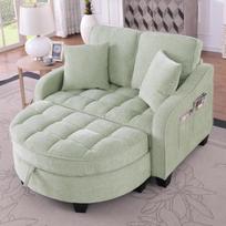 Daugiafunkcinė sofa, 2 viename sofa-lova, pufas su daiktadėže, kvėpuojantis odai draugiškas audinys, ekologiška eukalipto mediena, svetainėms, miegamiesiems, žalsvai mėlyna 132 x 129 x 93 cm