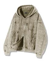 Trillion Oversized Distressed Pigment Zip-Up Hoodie [Light Khaki] Light Khaki/Xl beige