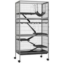 Multifunctional rodent cage with 4 platforms, 3 ramps, and 4 doors. Dimensions: 80L x 52W x 159H cm. Silver-grey/black steel. pilka spalva