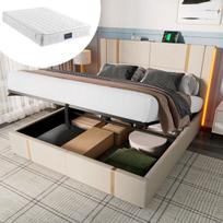 Polsteruota dvigulė lova 140x200 cm, LED, USB Type-C, APP, linų audinys, su čiužiniu