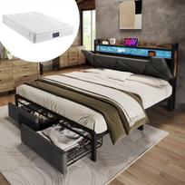 Dvigulė minkšta lova su LED USB-C ir stalčiais 140x200 cm su čiužiniu 1 vnt