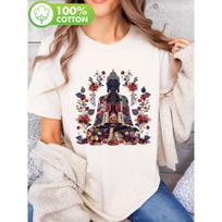 Women's Vintage Buddha Print Boho Meditation Crew Neck Short Sleeve Spiritual Casual Tee S balta