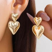 Punk Elegant Double Love Heart Drop Earrings for Women Gold Color Glossy Smooth Metal Hanging Piercing Earrings Friends Jewelry brown