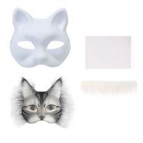 DIY Blank Half Face Animal Mask Set; Therian Graffiti Fox & Cat Designs; 3 Pieces Handmade Party Gifts. white