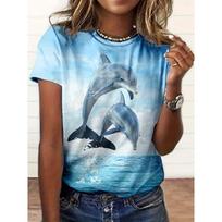 Dolphin print round neck T-shirt, spring and summer casual short-sleeved T-shirt, women's clothing S gray