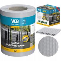 Pilkos spalvos tvorelės juosta, 19 cm x 35 m, su UV apsauga, tinkama segmentinėms tvoroms