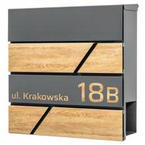 Laiškų dėžutė su adreso užrašu ir namo numeriu, medžio spalvos, UV spauda