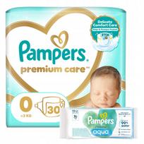 Sauskelnės Pampers Premium Care, dydis 0, nuo 3 kg, 30 vnt. + servetėlės 10 vnt.
