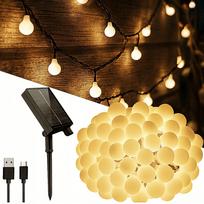 Saulės girlianda, 50 LED burbulų, šiltai balta, 7 m, USB įkrovimas
