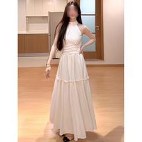 Wear a gentle style temperament Muse Fan advanced sense super good-looking white neck dress summer S- (can be worn within 45kg) brown