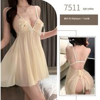 Women's Sexy Lingerie Set: Sheer Open-Chest Camisole with Bowknot Sweet Pajamas 7511 One Size white