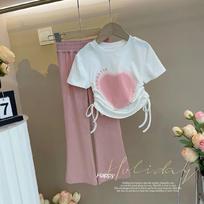Girls' Summer Sweet Set: Short-Sleeve T-Shirt + Wide-Leg Pants Casual Two-Piece Set 90 white