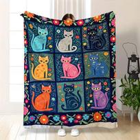 Vibrant Cat & Flower Flannel Blanket Nine-Panel Patchwork with Expressive Cats Botanicals Soft Bedspread Suitable for Bed, Couch Size: 75*100cm, Weight: 230 GSM blue