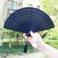 Dream Lotus Mini Hollow Bamboo Folding Fan, Hanfu Skirt, Unisex Summer Dance Prop, Full Bamboo Fan Blue Dragonfly / Daily fan mėlyna