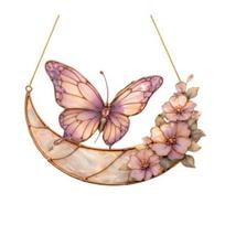 Moon Butterfly Flowers Acrylic Suncatcher Stained Glass Style Pink Window Hanging Decoration for Indoor Outdoor Garden Home beige