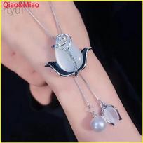 Silver Tulip Pendant Necklace with Cat Eye Stone and Pearl Accent Adjustable Chain for Sweater Jewelry Accessory One Size gray