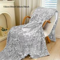 Undersea World Coloring Style Flannel Blanket, Black And White Line Drawing with English Labels, Creative Coloring Air Conditioning Blanket, Self-Colo 75X95CM gray