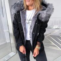 Moterų žiemos šilta pūkuota apykaklė su gobtuvu džinsinė striukė Stora pliušinė šilta ilgomis rankovėmis džinsinė paltai su sagomis Oversized laisva striukė S juoda
