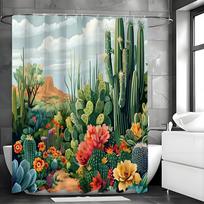 Tropical Cactus Design Shower Curtain, Succulent, Green Cactus Flower, Desert Landscape, Modern, Bohemian, Polyester, with Hooks 150*180cm gray