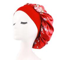 Floral Print Nightcap Women Satin Night Sleep Satin Hair Bonnet Silk Head Cover Wide Elastic Band CDN One Size raudona