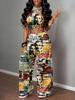 One Piece Pants Retro Graffiti Wide Leg Pants Quick Drying Women's Elastic Waist Vintage Graphic Trousers Casual S black