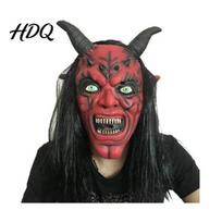 Creepy Red Devil Costume Accessory Halloween Satan Mask Realistic Full Head Latex with Long Escape Room Horror Decorations Horns And Fangs, brown