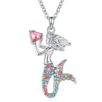 Fashion Mermaid Birthstone Pendant Jewelry White Gold Plated Austrian Crystal Necklace Gift for Girls Women mėlyna