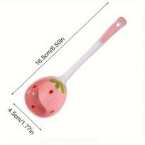 Kawaii Strawberry Ceramic Soup Spoon – Cute Korean Ice Cream & Dessert Spoon with Long Handle, Hand-Painted Pink Design, Durable, Reusable for Home 1 Pack white