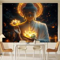 Buddha with Lotus Flower Wall Art Spiritual Meditation Decor Zen Buddhist Painting Peaceful Home Interior Design 2D Flat Print 100X70CM brown