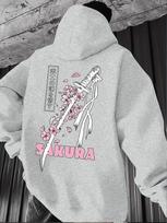 Samurai Soul Japanese Characters Katana Sakura Print Men Hip Hop Sports Hoodie, Harajuku Street Casual Sweatshirt S balta