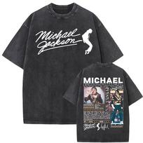 King of Pop Michael Jackson Bad Era Vintage Washed T-shirt Men Women Gothic Hip Hop Street T Shirts Cotton Casual Loose T-shirts S black