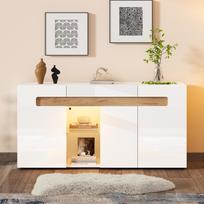 Moderni 3 durelių komoda, LED apšvietimo valdymas, valdymas programėle, 140x40x70 cm, blizgi svetainės baldų dalis, balta su stikliniu lentynėliu, sandėliavimo spintelė 140 x 40 x 70 cm