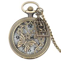 Two Little Birds Retro Style Quartz Pocket Watch Chain Steampunk Necklace Pendant Fob Watch Animal Clock with Birdcage Accessory black
