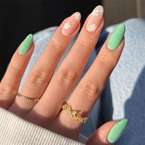 24Pcs Almond Green Press On Nails Short Oval Shape With Glue Simple Floral Design Full Cover False Nail Tips Manicure Set brown