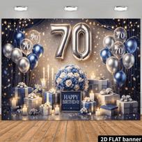 A vibrant 2D flat 70th birthday backdrop with silver  70  balloon text, polyester fabric holiday decorations, and party supplies 47.2x31.5inch/120*80cm gray