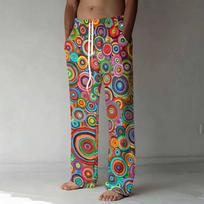 Men Vibrant Multicolor Circle Print Drawstring Straight Leg Lounge Pants With Hand Pockets For Hippie Street Outfit XS brown
