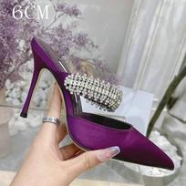 Fashion 2cm/6cm/8cm/10cm Pointy Fine Heels Rhine-diamond Chain Satin High Heels Mullers Wedding Shoes Bridesmaid Heels 34 gray