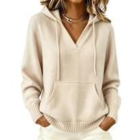 Women's Casual Color V-Neck Long Sleeve Hooded Top L raudona