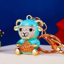 Sheep Zodiac Goat Keychain Anti-rust Metal with Sparkly Rhinestones Chinese Lucky Charm for New Year Gift mėlyna