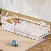 Montessori grindų lova su apsauginiu turėklu – plokščia lova be grotelių, pagaminta iš pušies medienos, greitai surenkama (90x200 cm, balta) 204 x 94 x 40 cm balta