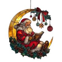 Cozy Santa Reading on Moon Suncatcher Christmas Stained Glass Look Window Hanging Ornament with Berries Bow for Holiday Window Wall Decor S gray