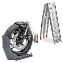 Rampe de chargement en Alu max. 340 kg pliable pour scooter quad ATV + Bloque Roue Easy-Fix Béquille Avant à 21 Pouces gris