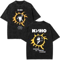 Rusian Rock Band Viktor Tsoi Kino Vintage Washed T Shirts Men Women Fashion Gothic Oversized Tshirt Streetwear Cotton Tshirts S black