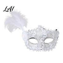 Prom Party Mask Halloween Princess Half Face Mask Venetian Masquerade Photogenic with Lace Feather Rhinestones Adjustable Ribbon Women Accessory