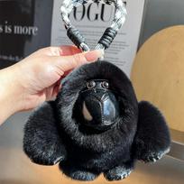 Cute 100% Real Natural Rabbit Fur Key Chains King Kong Gorilla Car Keychain Charm Bag Pendant Keyrings Plush Jewelry Gifts gray