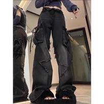 Moteriški juodi gotikiniai baggy Cargo džinsai su žvaigždute Harajuku Y2k 90s Estetinės džinsinės kelnės Emo 2000 Jean Kelnės Vintažiniai drabužiai S juoda