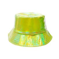 Bucket Hat, Three-Dimensional Wide Brim Fisherman Hat, Waterproof Imitation Leather Cool Metallic Shine Sun Hat, Stage Performance Hat for Hip-Hop žalia
